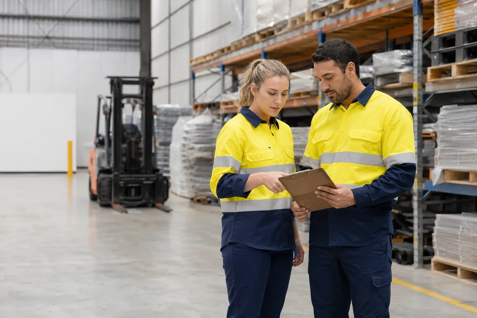 Workers coordinating tasks in a Perth industrial logistics facility.